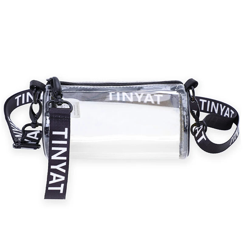 Clear crossbody bag with black adjustable strap and Tinyat branding