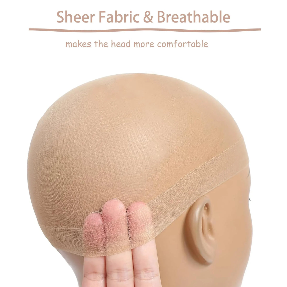 A close-up of a tan sheer fabric wig cap being placed onto a human head, highlighting its breathable material.