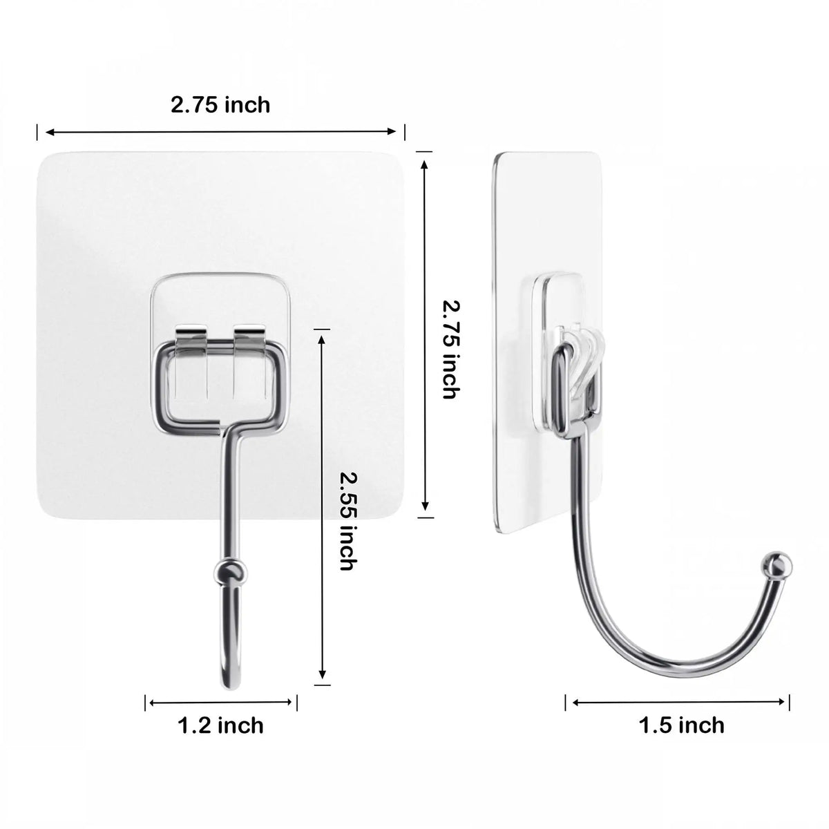 A white heavy duty adhesive hook with a curved wire and a metal loop, shown with dimensions.