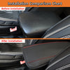 Comparison chart showing an car armrest cover before and after installation.
