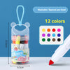 A clear container of washable art markers with a tapered pen head and 12 colors, shown next to a marker pen.
