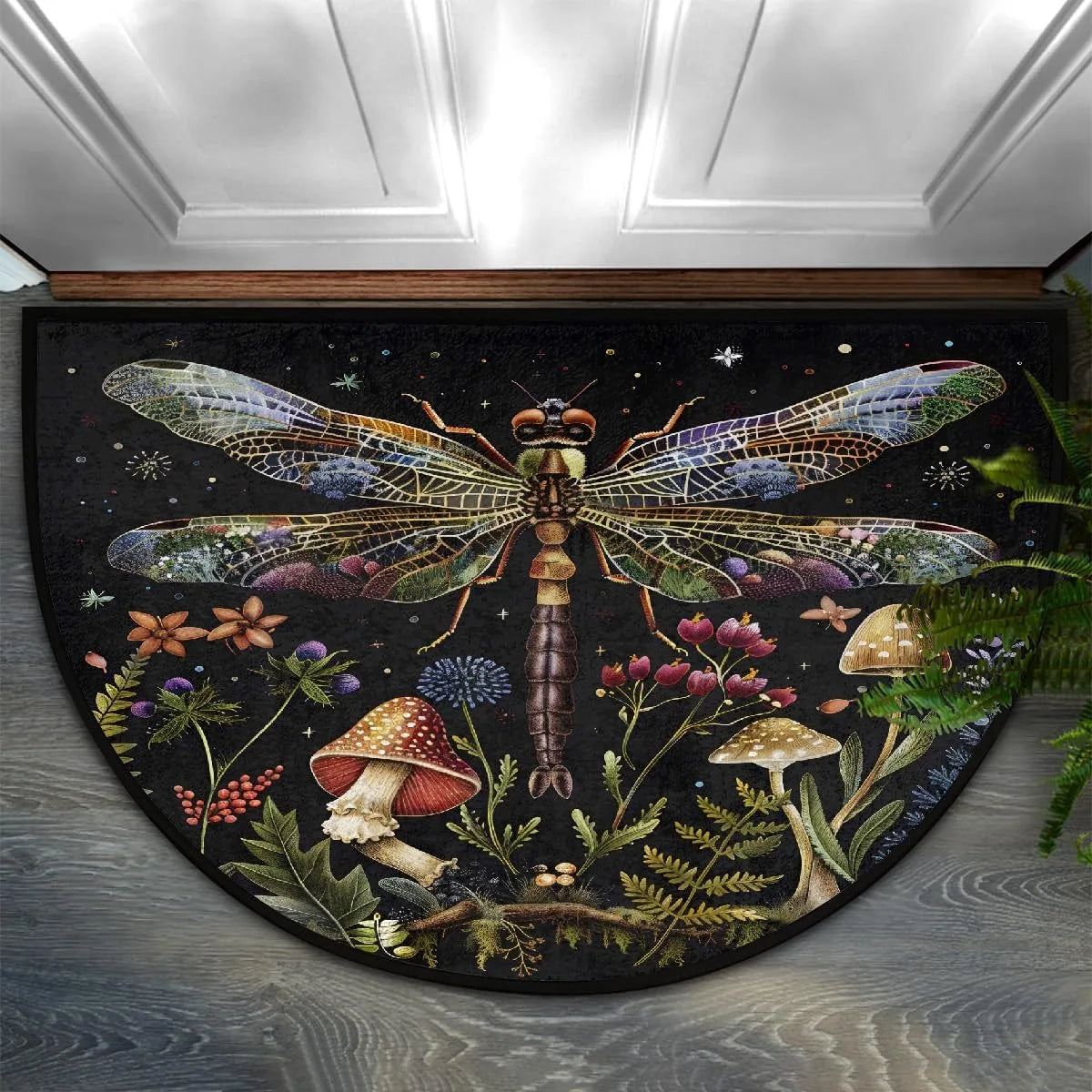 A half-round doormat featuring a detailed illustration of a colorful dragonfly among various plants and fungi.