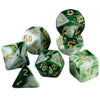 A set of seven polyhedral dice in green and white marbled patterns.