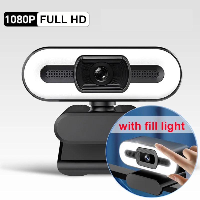 A black webcam with a built-in fill light and auto-focus lens mounted on a stand.