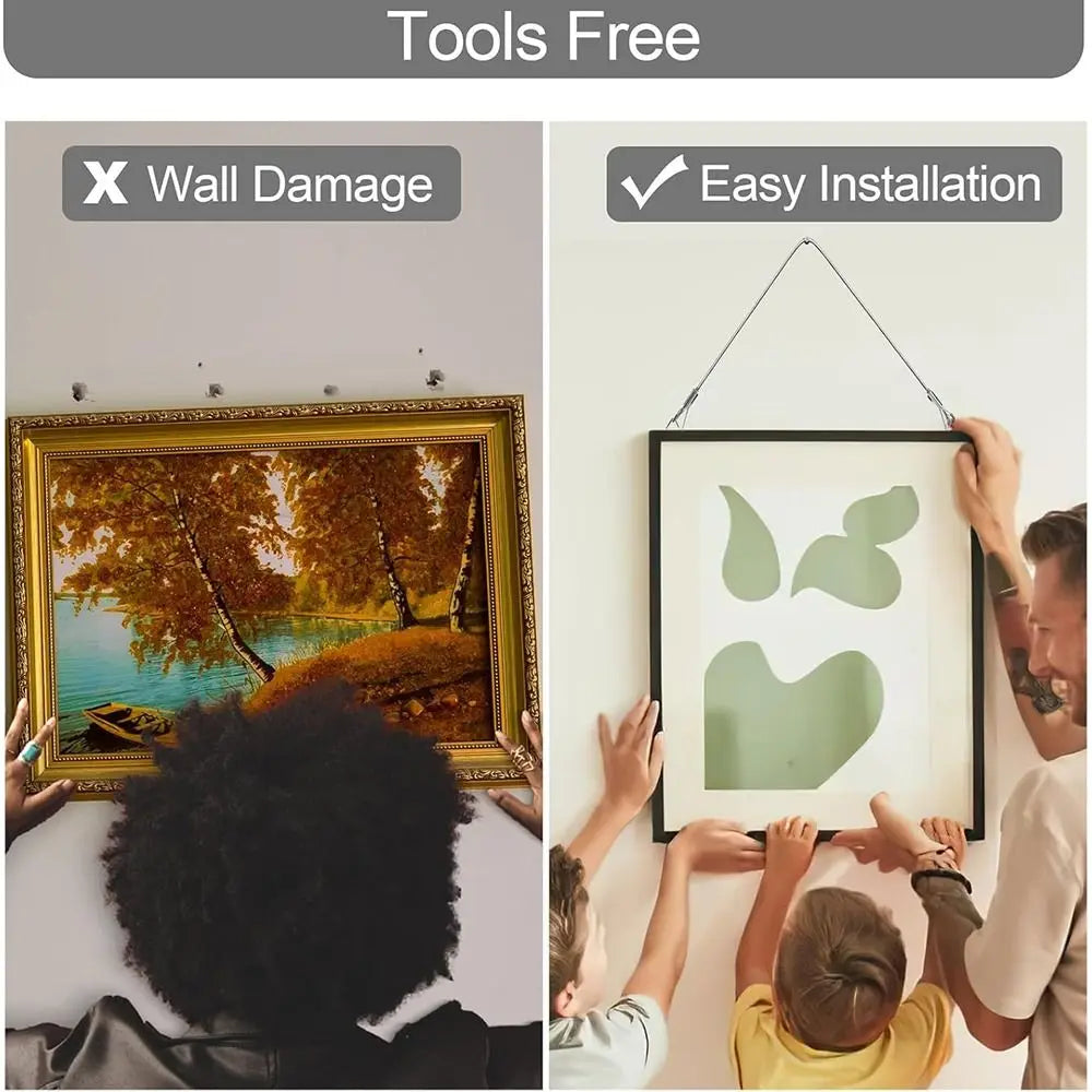 A framed painting is shown with a gold frame, demonstrating tools free installation and no wall damage.
