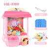 Pink mini claw crane machine for kids with lights and music featuring coins and dolls