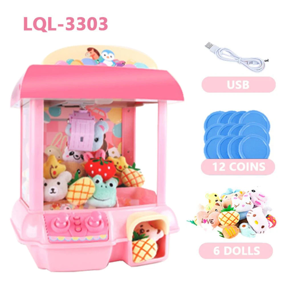 Pink mini claw crane machine for kids with lights and music featuring coins and dolls