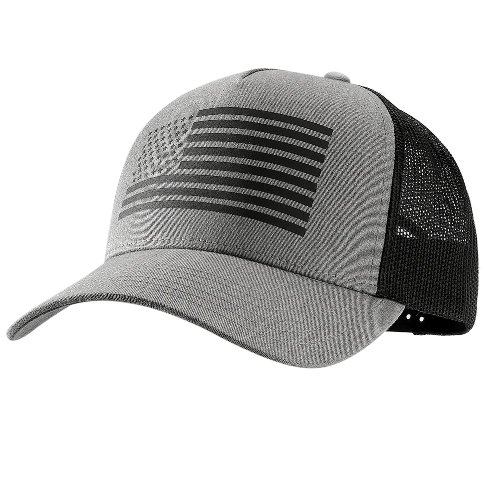 A gray baseball cap featuring a striped American flag design on the front and a black mesh back.