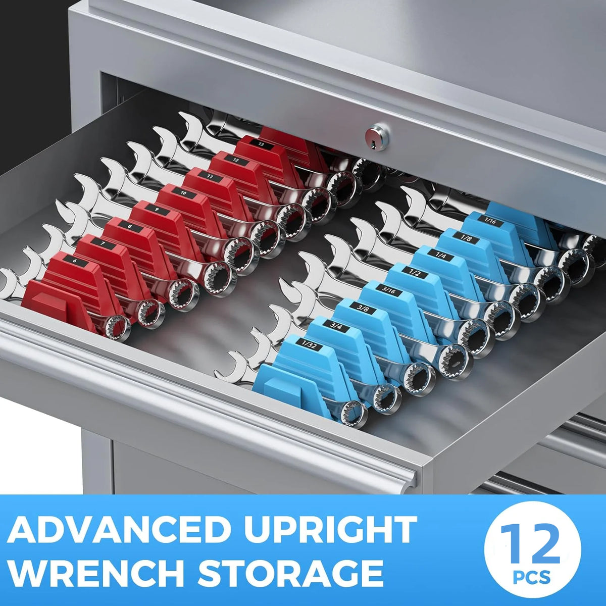 Advanced upright wrench storage featuring 12 pieces of modular magnetic wrenches organized in a drawer.