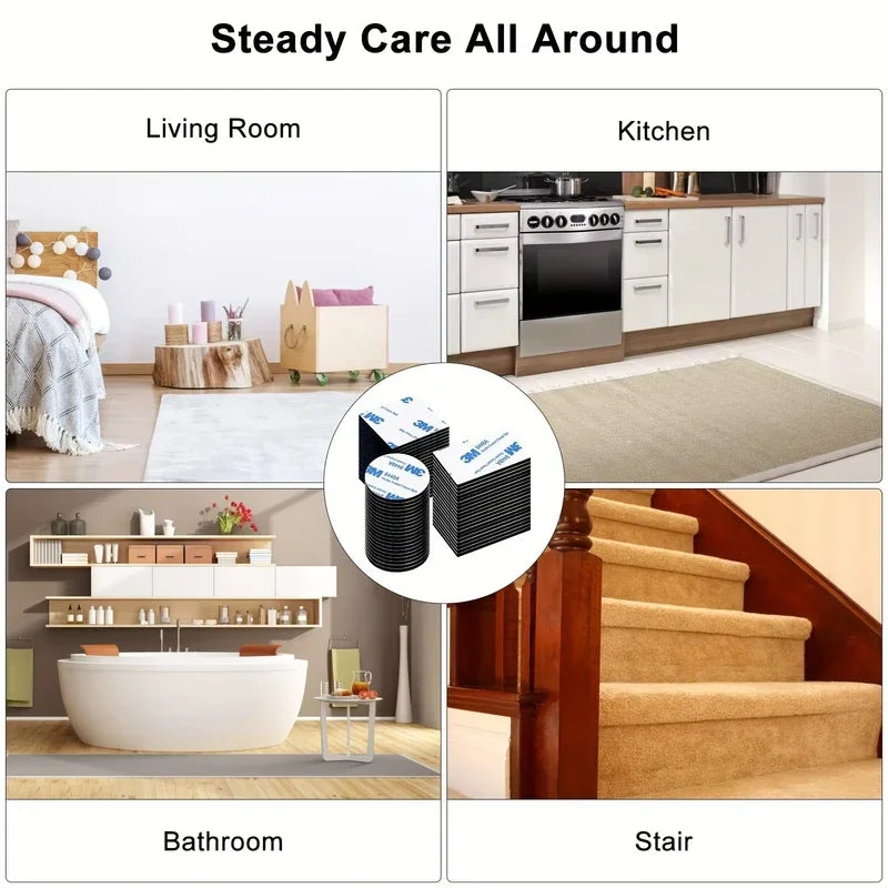 A collage showing various applications of versatile double-sided mounting foam tape in a living room, kitchen, bathroom, and 
