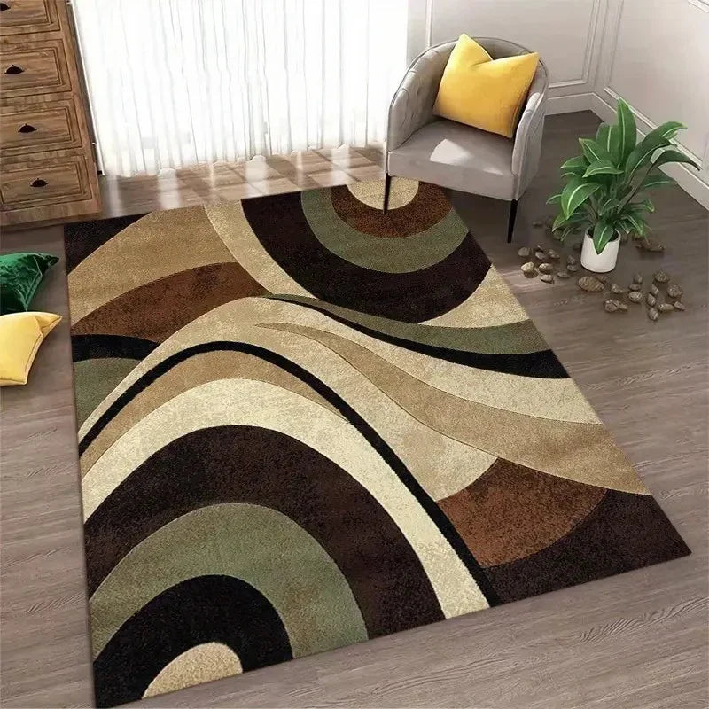 Abstract geometric area rug featuring earthy tones of brown, olive green, and black in a wavy pattern.