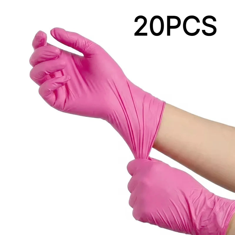A hand wearing a pink disposable nitrile glove is shown, with the text 20PCS visible.