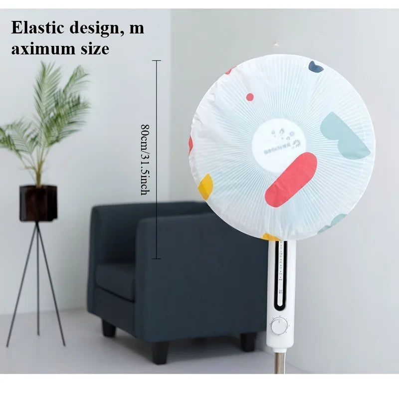A white, elastic design dust cover for an electric fan is shown against a white wall.