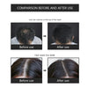 Comparison showing before and after use of a hair fiber powder spray bottle for precision styling, demonstrating improved vol