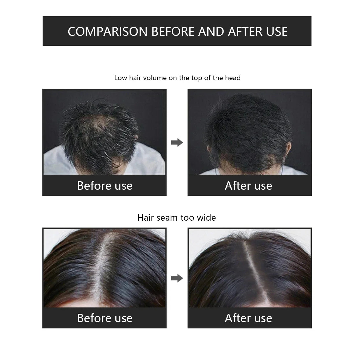 Comparison showing before and after use of a hair fiber powder spray bottle for precision styling, demonstrating improved vol
