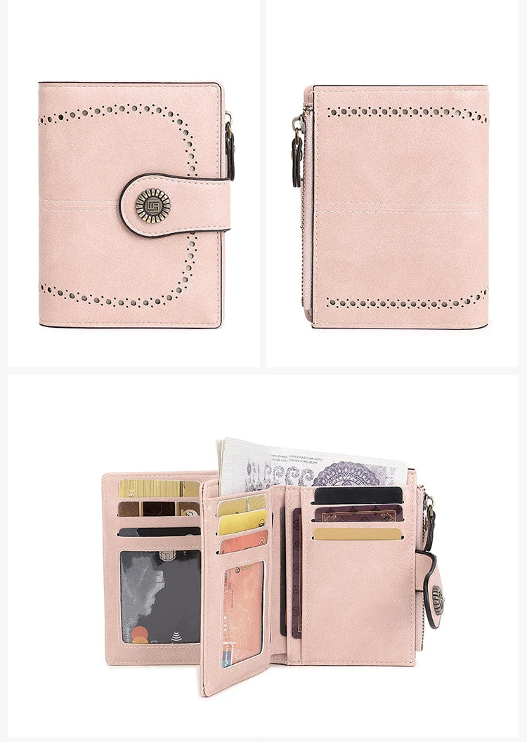 A light pink vintage RFID-blocking women's wallet with multiple card slots shown in different views.
