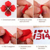 Instructions showing how to compress, rub, disperse, stagger, separate, and complete a decoration with silk rose petals.