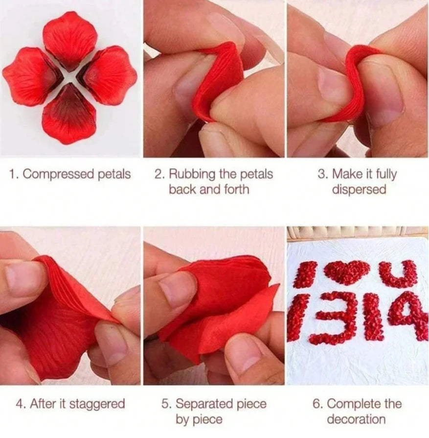 Instructions showing how to compress, rub, disperse, stagger, separate, and complete a decoration with silk rose petals.