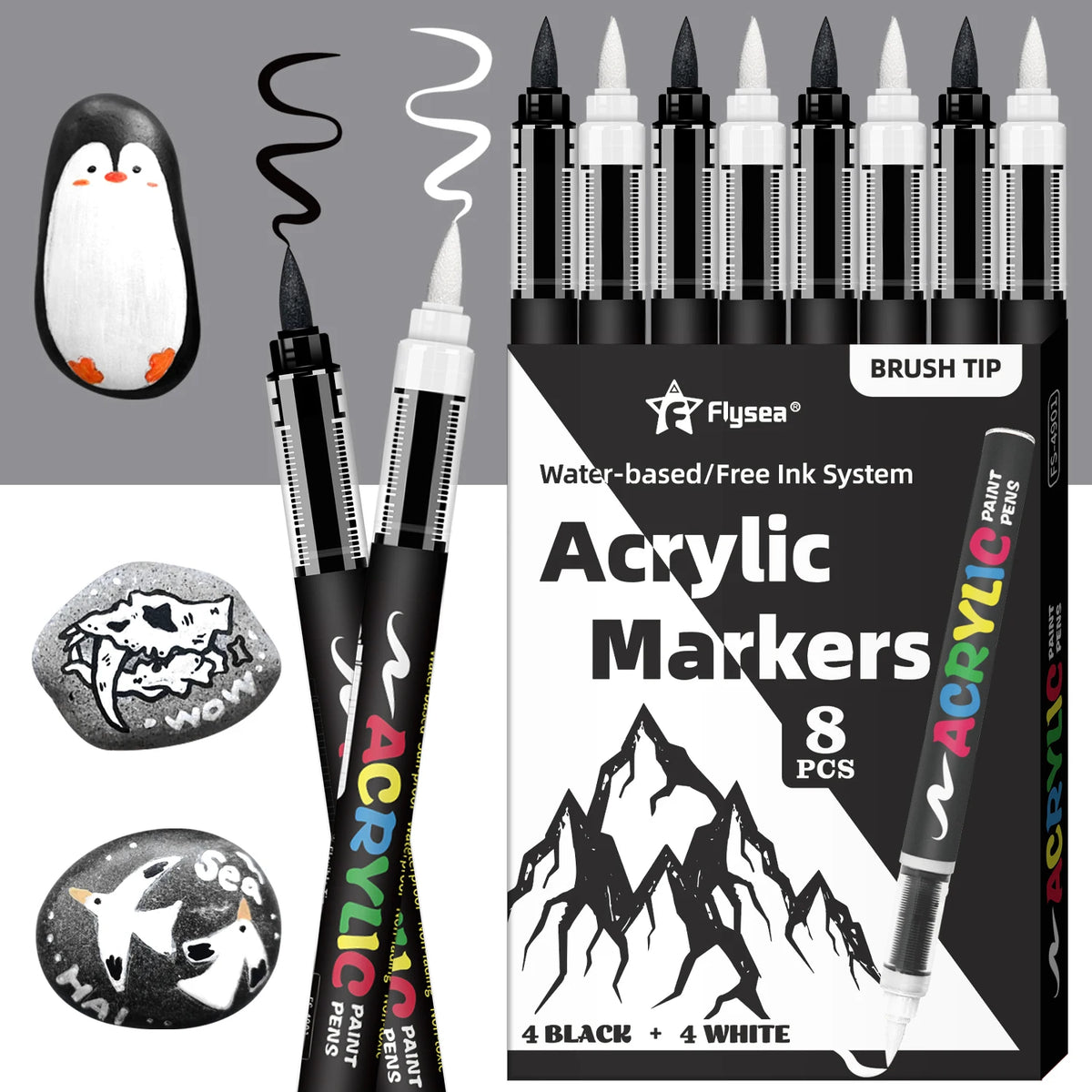 Un set de huit marqueurs à peinture acrylique noir et blanc avec pointes de pinceau, présentés sur un fond noir.