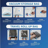 Instructions for using a vacuum storage bag and a travel roll up bag for compressing clothes.