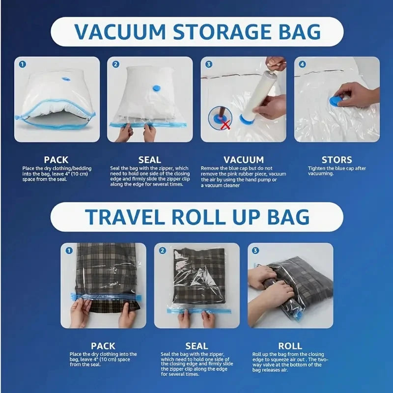 Instructions for using a vacuum storage bag and a travel roll up bag for compressing clothes.