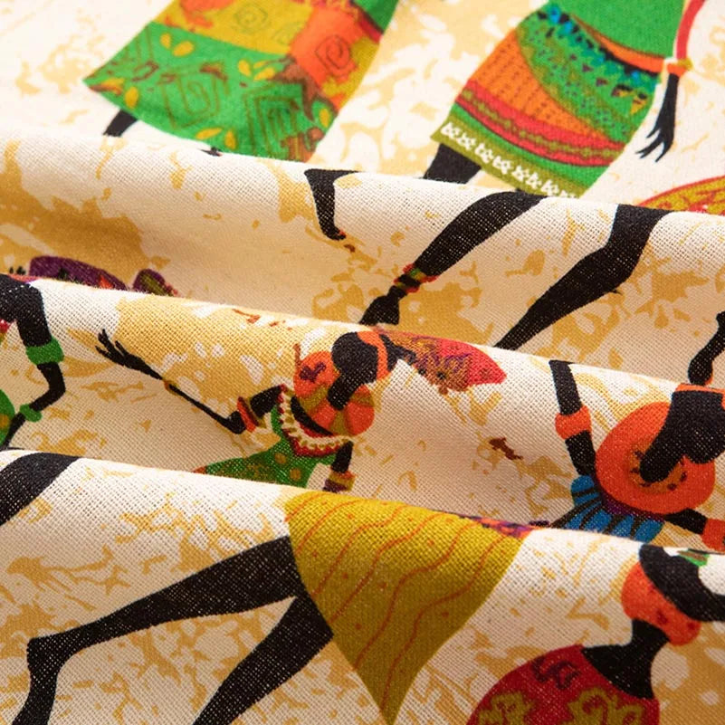 Bohemian Cotton Linen Fabric with Vintage Ethnic Print