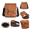 A brown vintage PU leather messenger bag for men with an adjustable strap shown in various views.