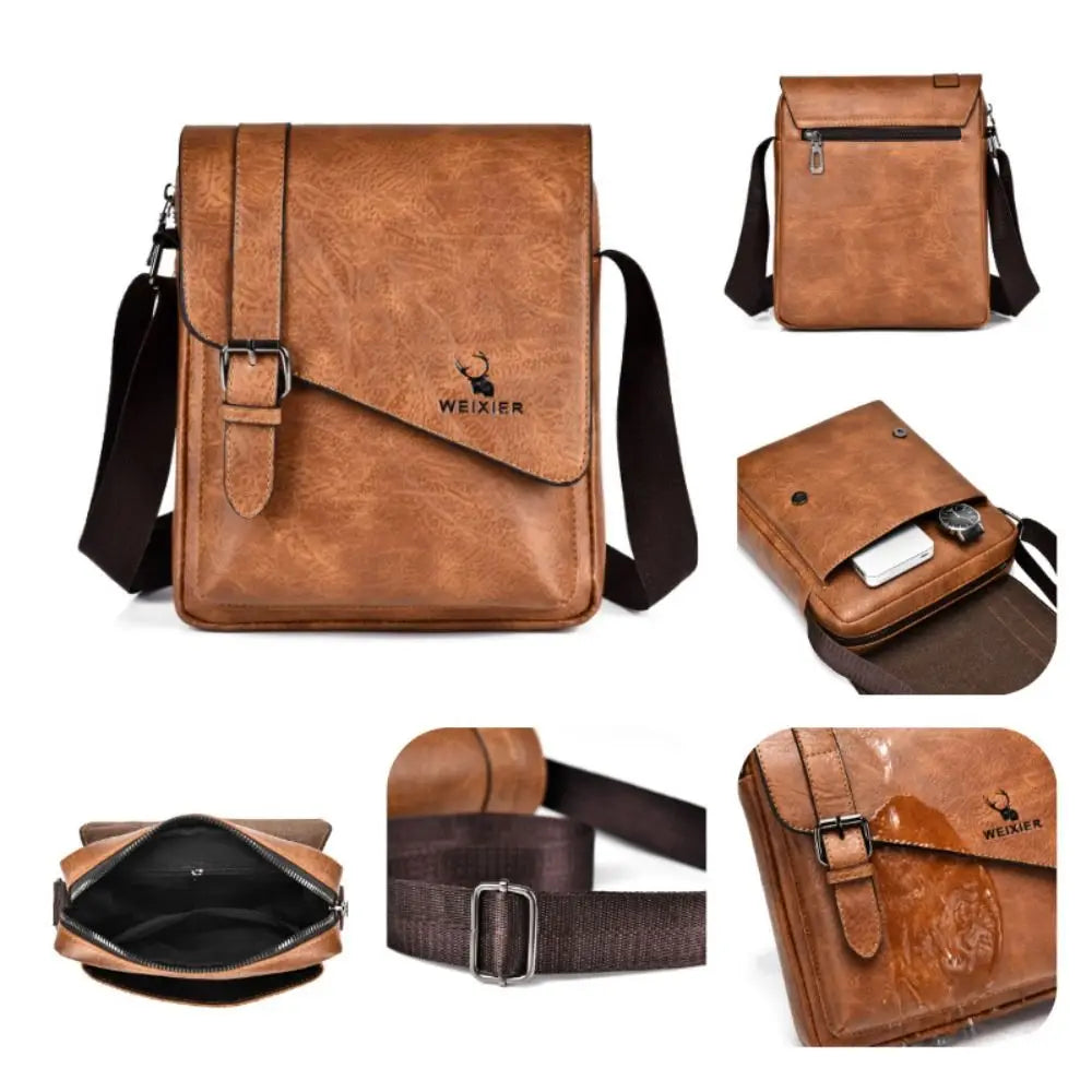 A brown vintage PU leather messenger bag for men with an adjustable strap shown in various views.