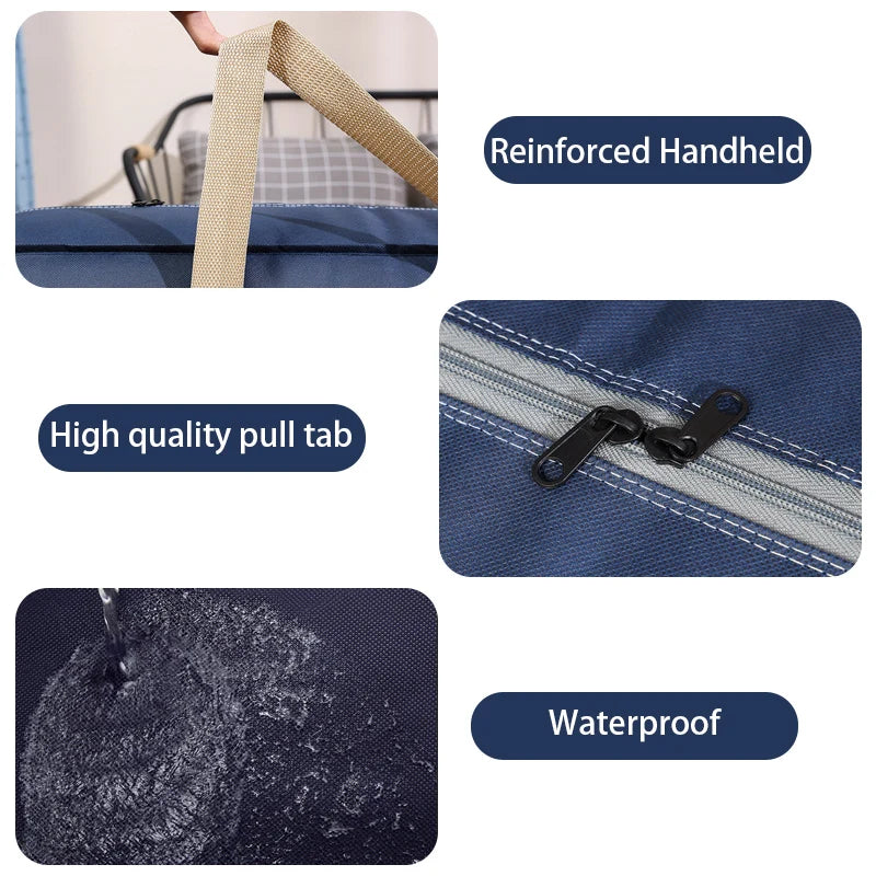 Close-up view of a dark blue waterproof bag showing reinforced handles, a pull tab, and durable fabric.