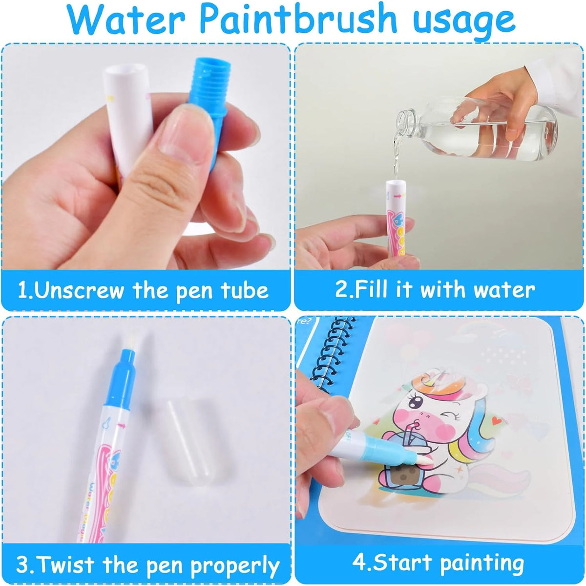 Instructions for using a water paint brush pen to draw in a magic drawing book.