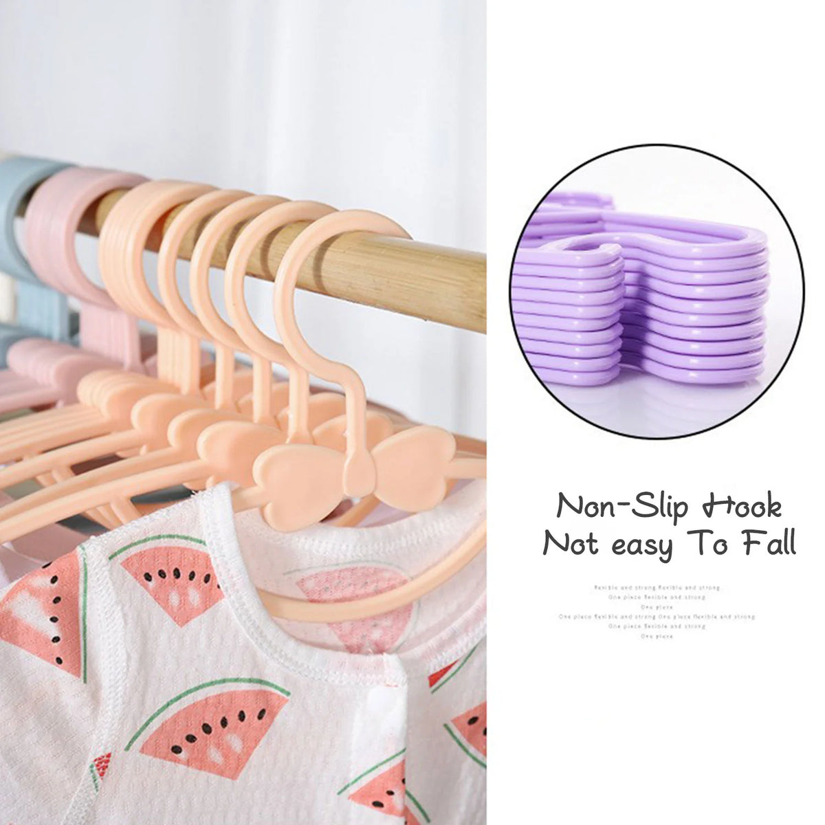 A set of ten pink and purple non-slip hook baby clothes hangers displayed next to a piece of clothing.
