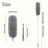 A gray extendable microfiber duster with a fluffy head shown next to its dimensions.
