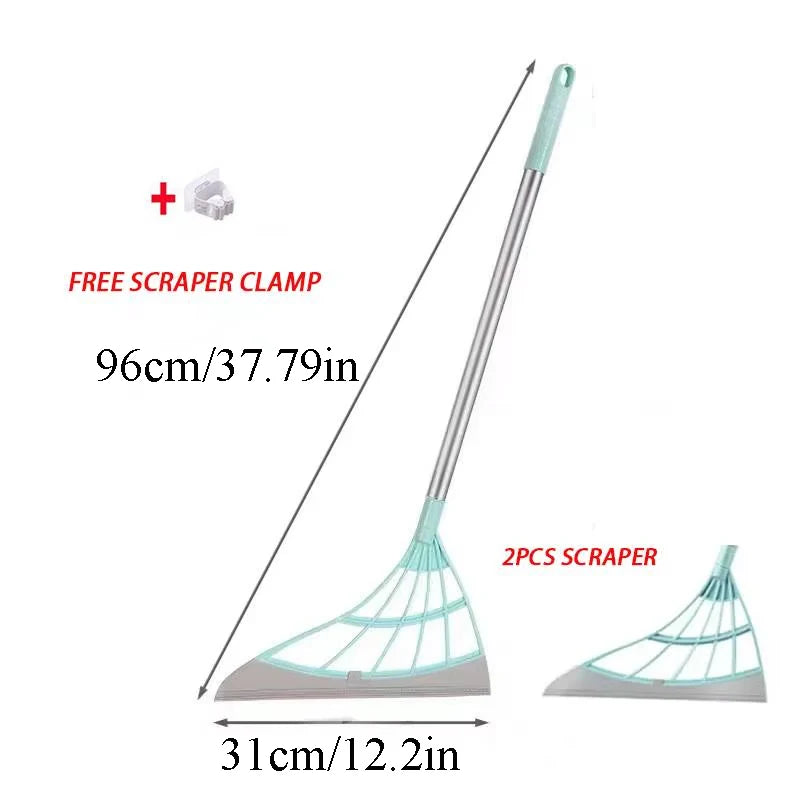 A silicone scraper clamp and a 2-piece scraper with a long adjustable handle shown for cleaning.