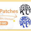 A display of various letter patches, including KO and KOKO designs in black, gold, red, blue, pink, and white.