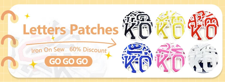 A display of various letter patches, including KO and KOKO designs in black, gold, red, blue, pink, and white.