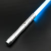 A silver lightsaber hilt with a blue glowing blade is shown against a dark background.