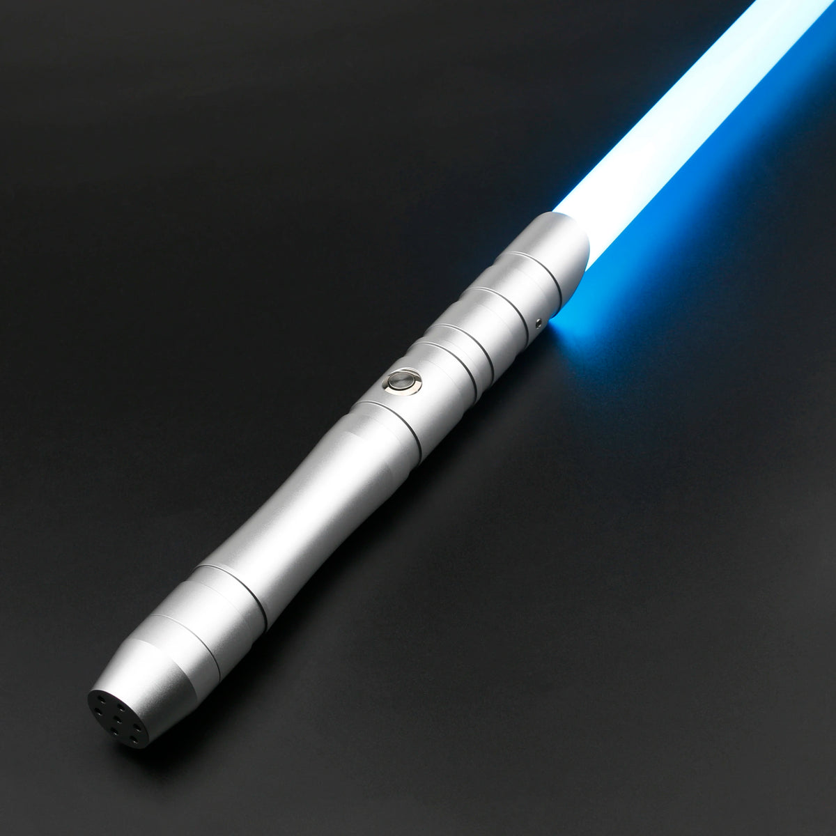 A silver lightsaber hilt with a blue glowing blade is shown against a dark background.