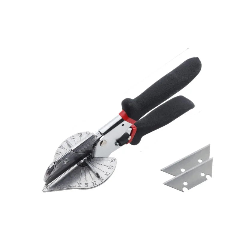 A black adjustable angle shear tool used for cutting PVC and PE pipe, featuring a metal blade and handles.