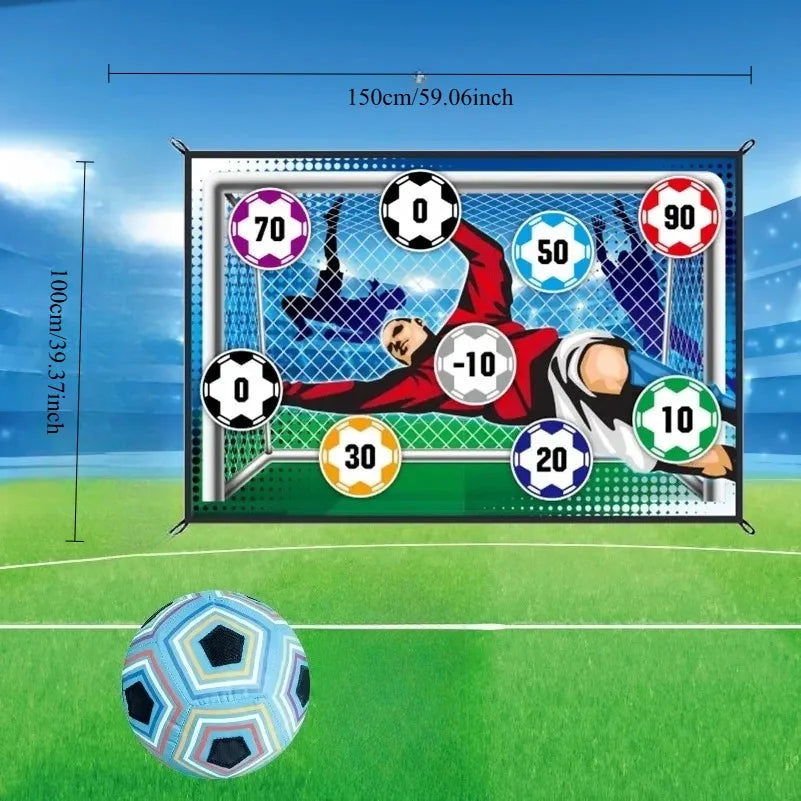 A portable soccer target game set showing a goal with various score markings and a soccer ball on a green field.