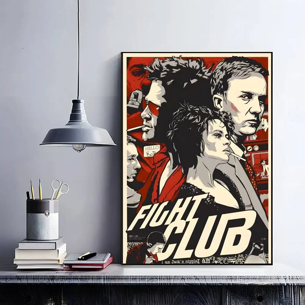 A poster featuring the Fight Club movie characters in black and red tones displayed on a wall.