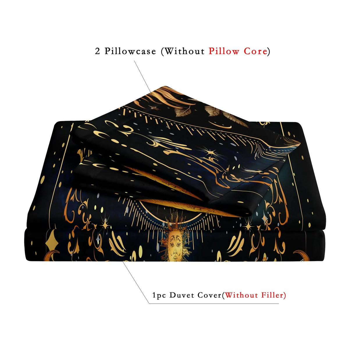 A set of two pillowcases and one duvet cover featuring a dark blue background with gold celestial designs like sun, moon, and
