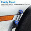 Close-up of a car bumper with blue quick release fasteners securing the front and rear bumpers.