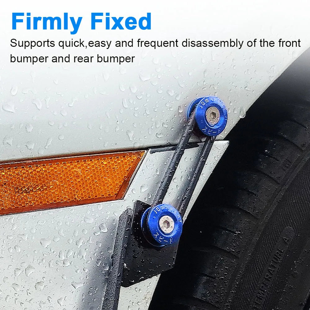Close-up of a car bumper with blue quick release fasteners securing the front and rear bumpers.