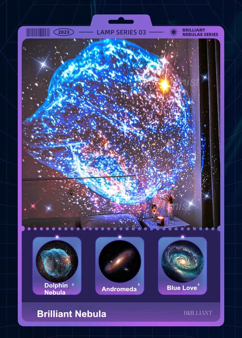 A set of three brilliant nebula galaxy projectors featuring Dolphin Nebula, Andromeda, and Blue Love.