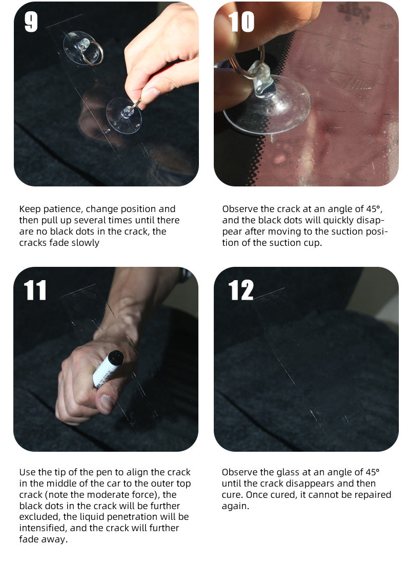 A series of steps demonstrating how to repair a crack in glass using a suction cup and liquid resin.