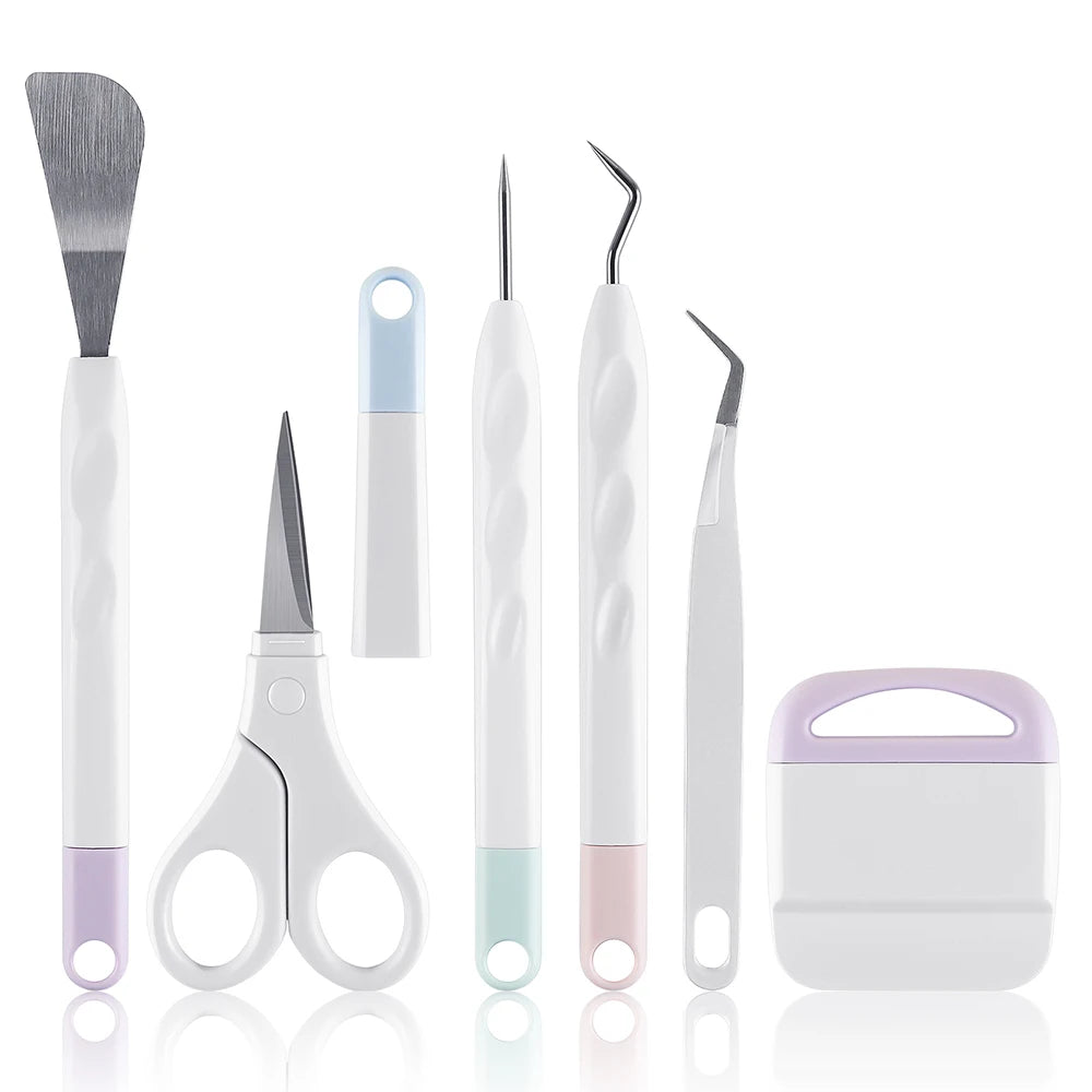 A set of six vinyl weeding and craft tools including a spatula, tweezers, and various precision implements.