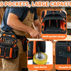 Orange and black multi-pocket tool pouch with a rope and a roulette holder shown on a worker's belt.