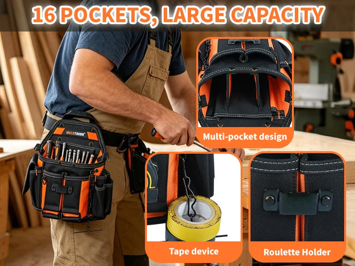 Orange and black multi-pocket tool pouch with a rope and a roulette holder shown on a worker's belt.