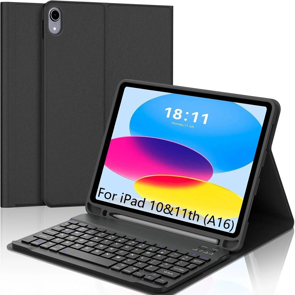 A black detachable wireless keyboard case for an iPad 10th or 11th generation device.