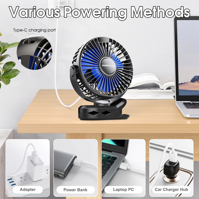 USB-Rechargeable Clip-On Desk Fan with Digital Display